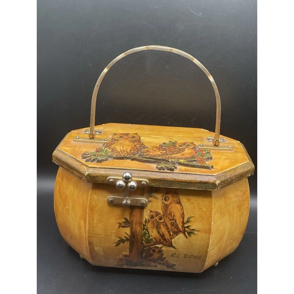 Rare Vintage 1960s-1970s Owl Wood Decoupage Purse